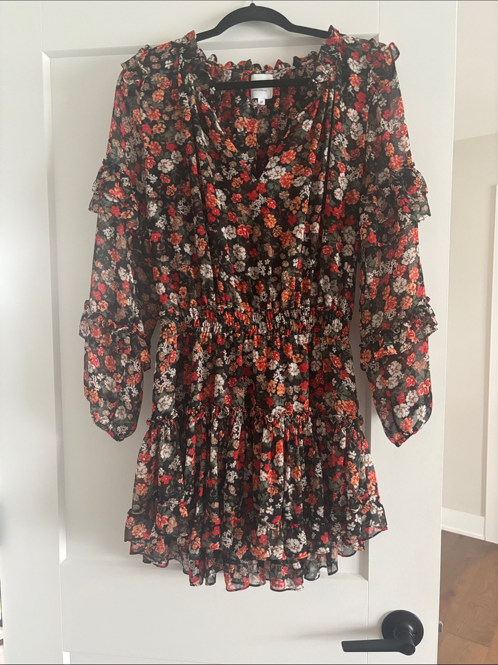 Misa Los Angeles Black Floral Mini Dress with Red and Cream Blooms